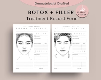 Modulo di registrazione del trattamento del paziente con Botox e filler dermici, modello di consulenza per centro benessere medico, pacchetto PDF di tabelle di mappatura delle iniezioni estetiche del viso