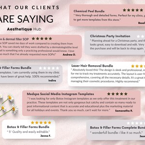 May include: A pink and white background with text that reads "What Our Clients Are Saying" and "Aesthetique Hub".  The image features several customer testimonials about different products, including Botox & Dermal Filler SOP, Botox & Filler Forms Bundle, Chemical Peel Bundle, Christmas Party Invitation, Laser Hair Removal Bundle, Medspa Social Media Instagram Templates, and Botox & Filler Forms Complete Bundle.