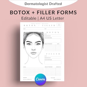 Formulaire modifiable d'enregistrement du traitement au Botox et aux produits de comblement dermique, modèle Canva de consultation d'un patient infirmière injecteur, feuille de diagramme de visage, document cartographique