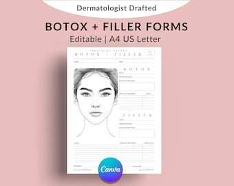Modulo modificabile per la registrazione del trattamento con Botox e filler dermici, modello Canva per la consulenza del paziente con infermiere iniettore, diagramma del grafico del viso, mappa del documento