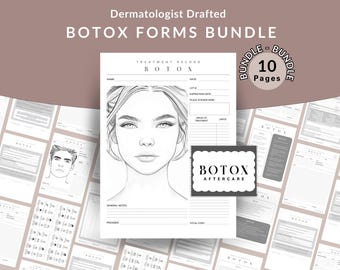 May include: A black and white printable bundle of 10 pages of Botox forms for a dermatologist. The forms include a treatment record, a Botox aftercare sheet, and a diagram of a face with areas for treatment.