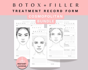 May include: A printable treatment record form for Botox and Filler treatments. The form features a black and white illustration of a woman's face with areas for notes, provider information, and treatment details.