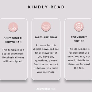 May include: Three pink boxes with white text and icons. The first box says "Only Digital Download" and has a download icon. The second box says "Sales Are Final" and has a handshake icon. The third box says "Copyright Notice" and has a copyright symbol.