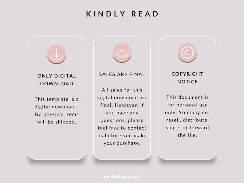 May include: Three pink boxes with white text and icons. The first box says "Only Digital Download" and has a download icon. The second box says "Sales Are Final" and has a handshake icon. The third box says "Copyright Notice" and has a copyright symbol.