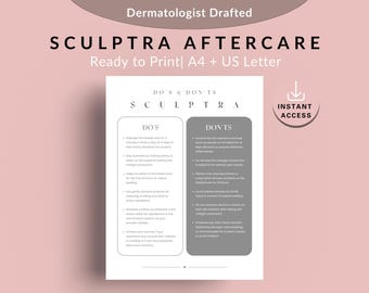 May include: A printable checklist with a gray background and white text, titled "Sculptra Aftercare: Do's & Don'ts". The checklist is divided into two columns, one for "Do's" and one for "Don'ts", with instructions for aftercare following a Sculptra treatment.