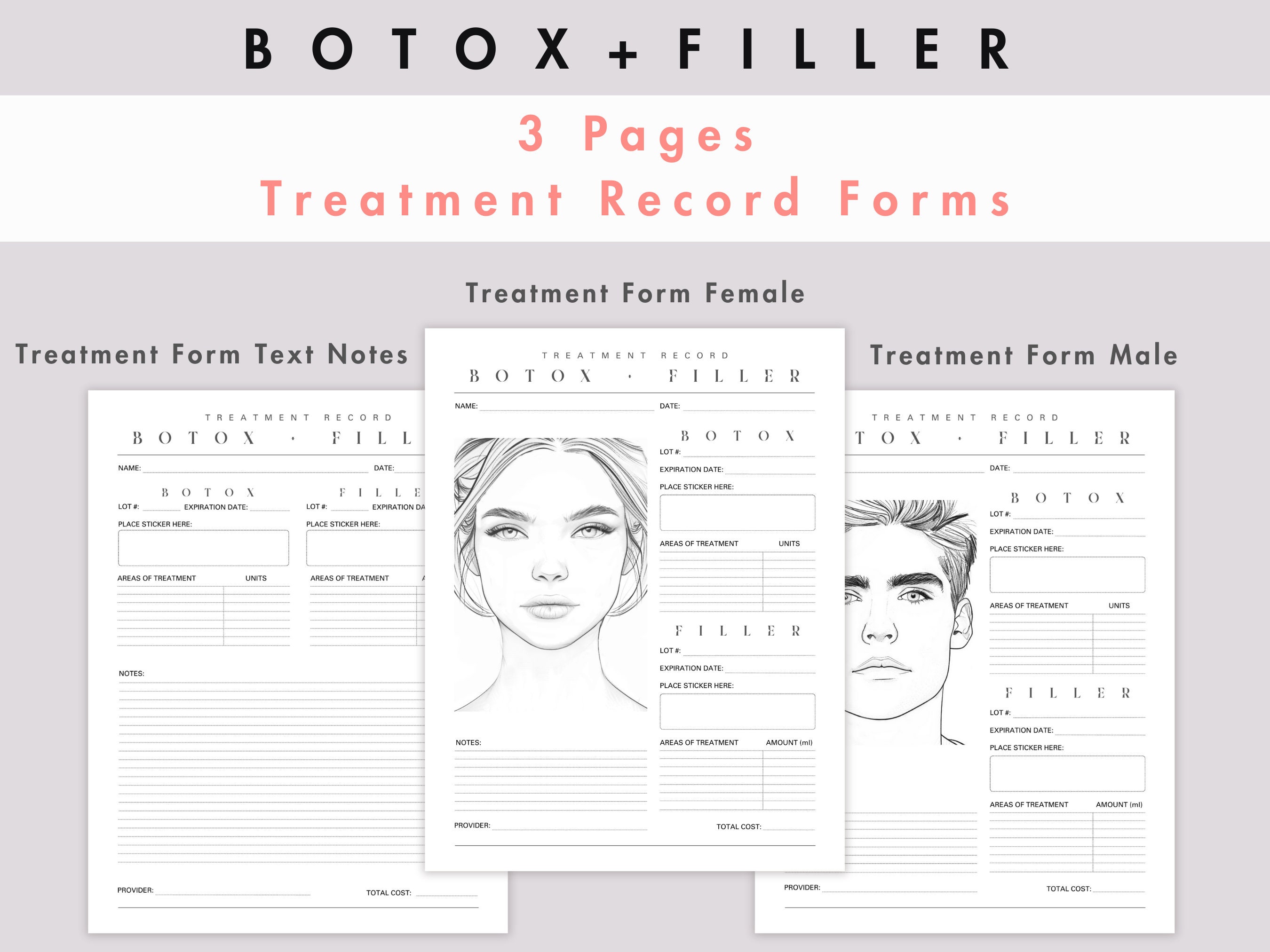 Botox and Dermal Filler Patient Treatment Record Form, Medical Spa