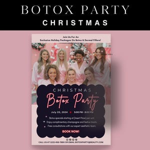 Invito alla festa di Natale modificabile con Botox, offerte e marketing sui social media Medspa, modello di volantino per eventi speciali per le vacanze, promozione iniettabile