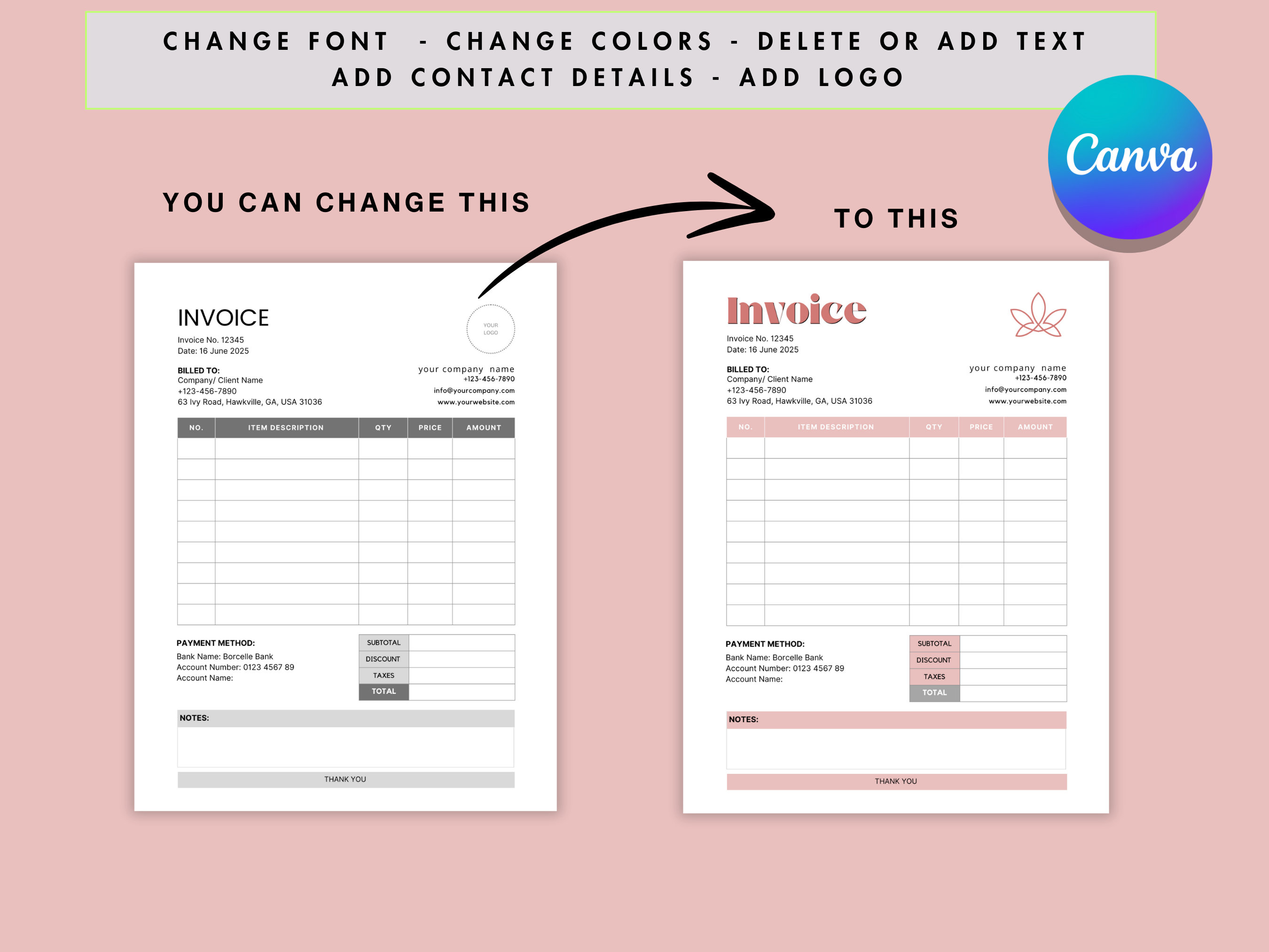 Invoice Template Editable Canva Printable Billing Form, Business ...