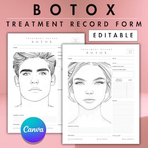May include: A printable treatment record form for Botox injections. The form includes sections for patient information, treatment details, and notes. The form features a black and white illustration of a person's face.