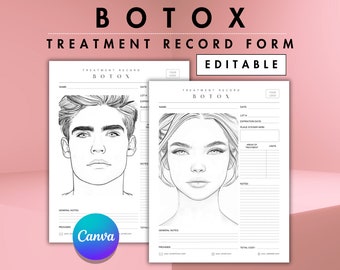 May include: A printable treatment record form for Botox injections. The form includes sections for patient information, treatment details, and notes. The form features a black and white illustration of a person's face.
