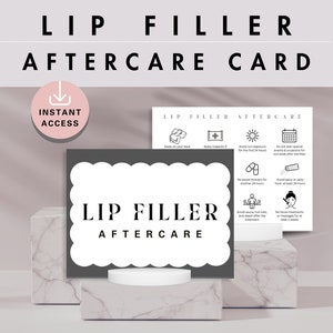 Puede incluir: Una tarjeta de cuidados posteriores para rellenos de labios imprimible con iconos y texto en blanco y negro. La tarjeta incluye instrucciones como "Duerma boca arriba", "Aplique compresas de hielo", "Evite la exposición al sol", "No planifique eventos especiales", "No tome anticoagulantes", "Evite los alimentos picantes o salados", "Evite las saunas, las bañeras de hidromasaje", "No se realice tratamientos faciales".