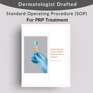 Pode incluir: Um documento branco com o título "Standard Operating Procedure (SOP) for PRP Treatment" e uma foto de uma mão enluvada segurando um tubo de ensaio com um líquido amarelo.