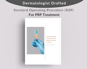 Könnte beinhalten: Ein weißes Dokument mit dem Titel "Standard Operating Procedure (SOP) for PRP Treatment" und einem Foto einer behandschuhten Hand, die ein Reagenzglas mit einer gelben Flüssigkeit hält.