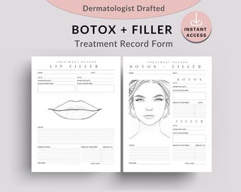 May include: Black and white printable treatment record form for Botox and Filler. The form includes sections for patient information, treatment details, and areas of treatment. The form also includes a drawing of a face for Botox and a drawing of lips for Filler.