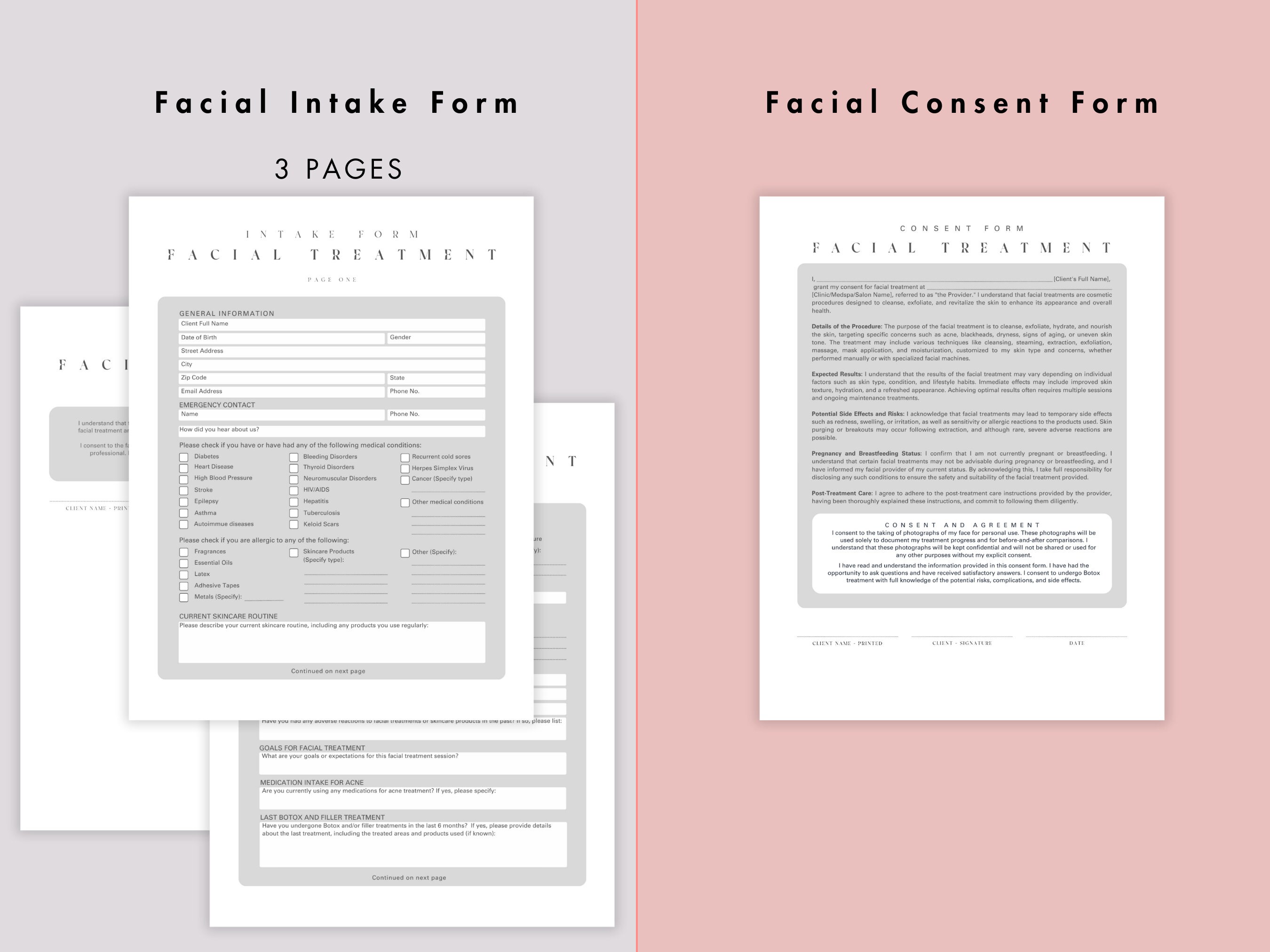 Facial Intake Form & Informed Consent Form Template Bundle, Esthetician ...
