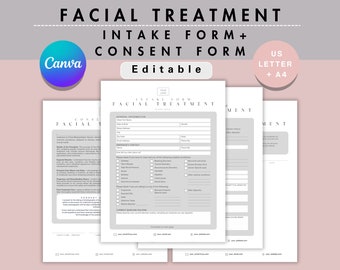 Esthetician Facial Intake Form Bundle, Aesthetic Treatment Informed Consent Beauty Salon Canva Template Editable Skincare Consultation Files