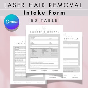 May include: A gray and white intake form for laser hair removal. The form includes sections for general information, skin history, skin and hair assessment, and contraindications. The form is editable and can be used by businesses offering laser hair removal services.