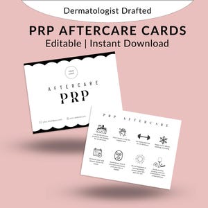May include: Black and white printable cards with instructions for PRP aftercare. The cards feature icons and text such as "Apply ice to reduce swelling & bruising", "Avoid strenuous exercise for 24-48 hours", and "Avoid sun exposure to prevent hyperpigmentation on your skin".