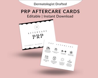 May include: Black and white printable cards with instructions for PRP aftercare. The cards feature icons and text such as "Apply ice to reduce swelling & bruising", "Avoid strenuous exercise for 24-48 hours", and "Avoid sun exposure to prevent hyperpigmentation on your skin".