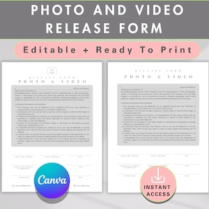 May include: Editable photo and video release form template in gray and white with the text "Photo and Video Release Form" and "Editable + Ready To Print" at the top. The form includes two columns with the same text, "Release Form Photo & Video". The form is designed to be used for photography and videography releases.