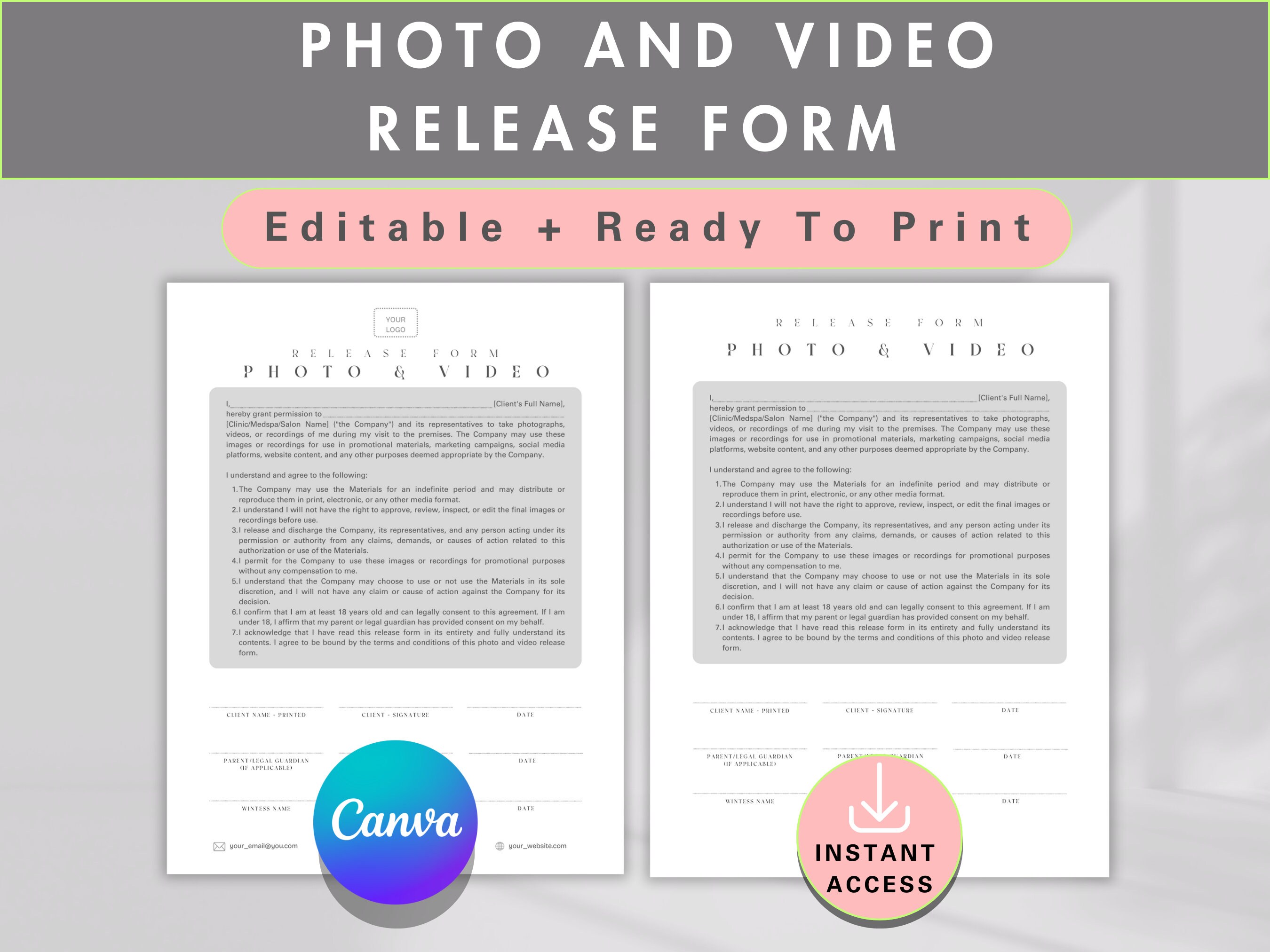 Editable Photo and Video Release Form Canva Template Esthetician Social ...