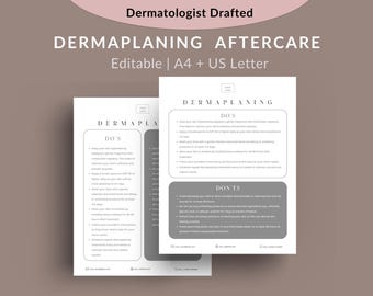 Editable Dermaplaning Aftercare Instructions Template Form, Medspa Skincare Pre Post After Care Patient Plan, Aesthetic Facial Esthetician
