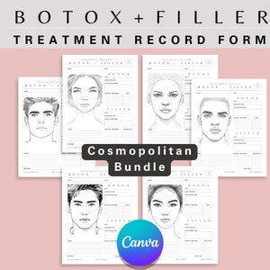 Puede incluir: Un conjunto de seis formularios de registro de tratamiento imprimibles en blanco y negro para Botox y Filler. Cada formulario presenta una ilustración diferente de una cara, con secciones para registrar los detalles del tratamiento. Los formularios están etiquetados como "Cosmopolitan Bundle" y "Canva".