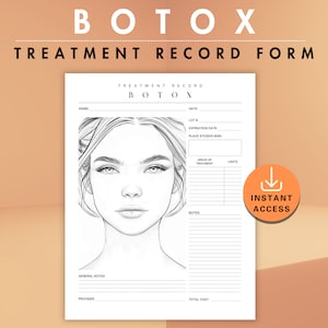 Botox-Behandlungsdatensatz mit Gesichtskarte, Vorlage für die Patientendokumentation mit Injektabe, Injektionsplan für ästhetische Krankenschwester PDF