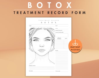 Modulo di registrazione del trattamento Botox con grafico facciale, modello di documentazione del paziente iniettabile, piano di mappatura dell'iniezione dell'infermiere estetico PDF