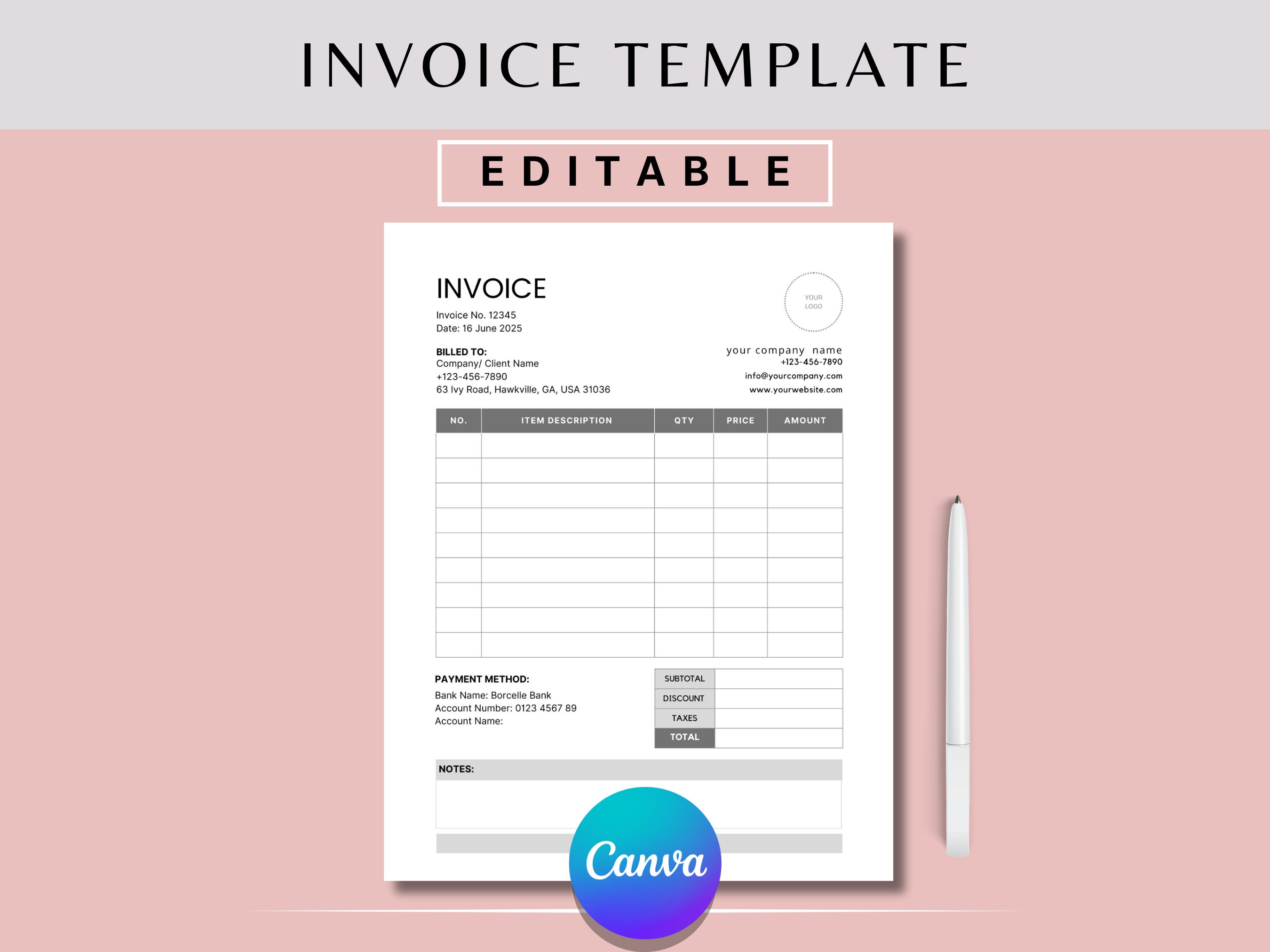 Editable Billing Invoice Canva Template