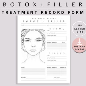 Formulaire de dossier de traitement patient de Botox et de comblement cutané, modèle de consultation de spa médical, ensemble de graphiques de cartographie des injections esthétiques dans le visage PDF