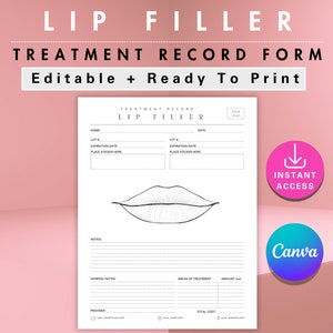 Formulario de registro de tratamiento de cliente de relleno de labios, plantilla de relleno de labios para enfermeras inyectoras, planificador de inyecciones estéticas para esteticistas, gráfico de mapa de anatomía de labios