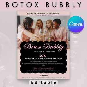 Modello Canva per invito a evento festa Botox, volantino promozione Medspa per social media, invito per offerte iniettabili, modulo promozionale per riempimento iniettore infermiere