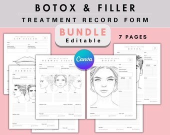 May include: A printable bundle of 7 pages of treatment record forms for Botox and fillers. The forms include sections for client information, treatment details, and notes. The forms are designed to be used by medical professionals.