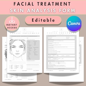 May include: Editable skin analysis form for facial treatments. The form includes a drawing of a face with areas to mark skin conditions, a section for general information, and a section for medical history. The form is labeled "Facial Treatment Skin Analysis Form" and "Editable".