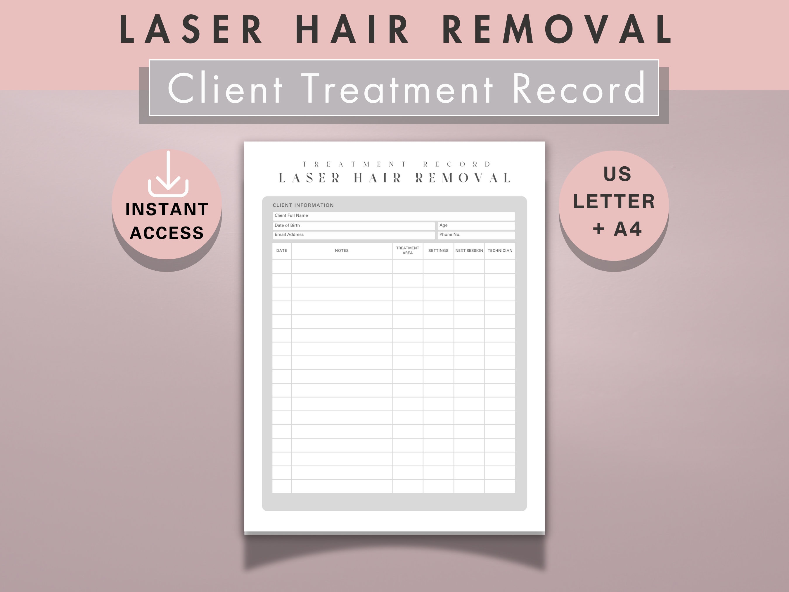 Laser Hair Removal Client Treatment Record, Professional Technian Session Log Sheet, Med Spa  Esthetician Logbook Tracker, Beauty Salon Form