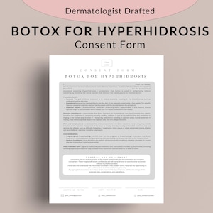 以下が含まれることがあります： 過度の発汗を引き起こす病気である多汗症に対するボトックス注射の白黒の同意書。この用紙には、手順、潜在的な副作用、同意と合意に関する情報が含まれています。