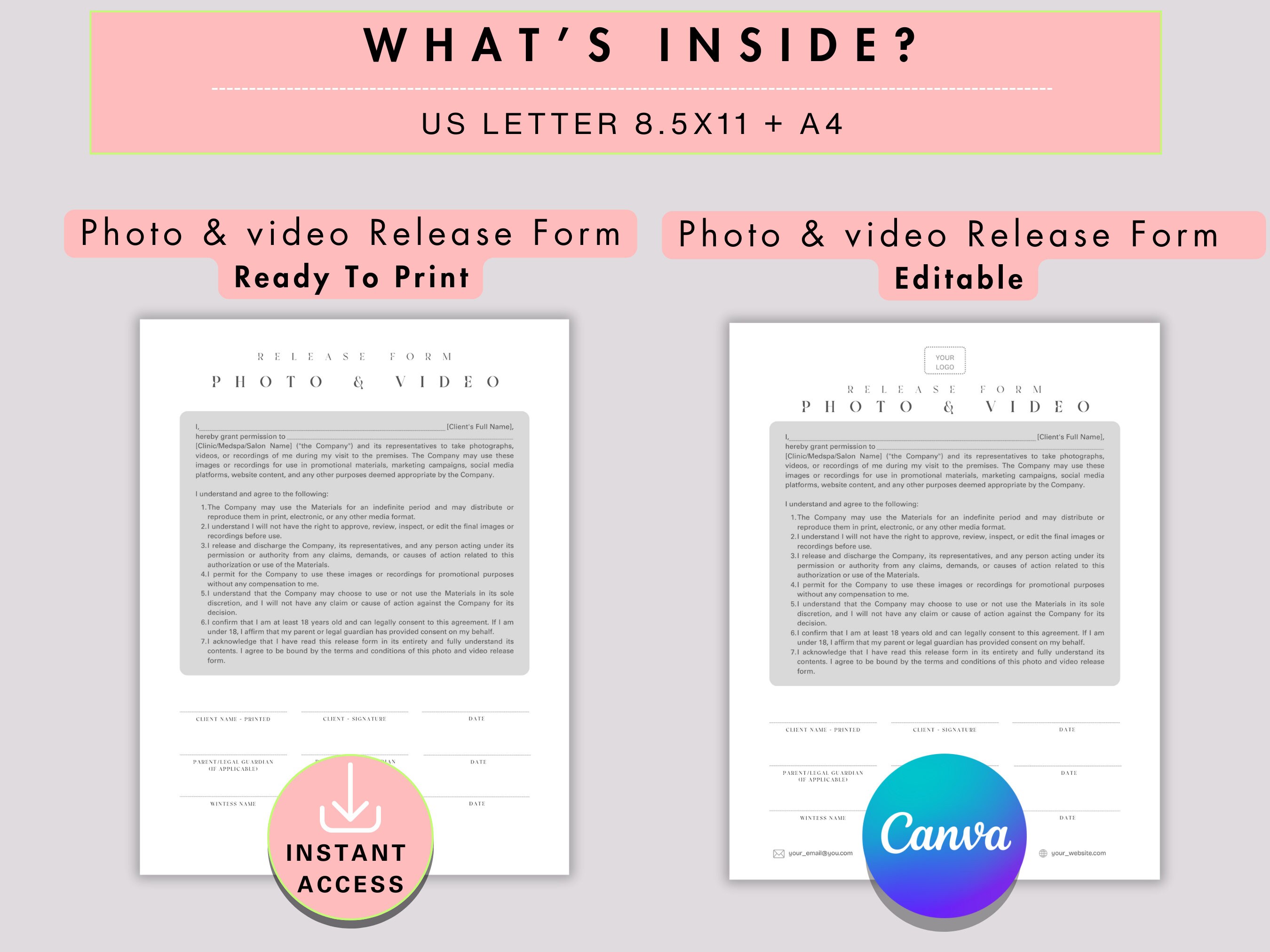 Editable Photo and Video Release Form Canva Template Esthetician Social ...