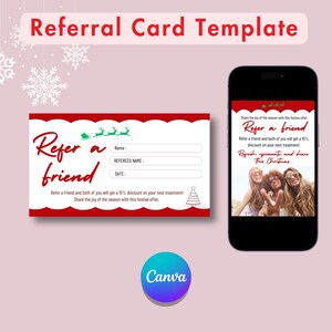 友達紹介クリスマスカード、中小企業マーケティングバウチャー、理髪店ネイルまつ毛エクステメディカルスパ美容サロンホリデーブランディング印刷可能