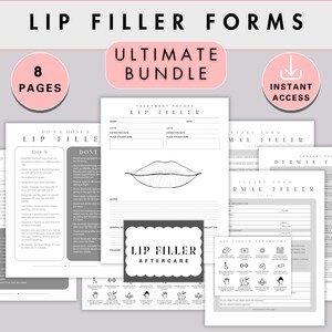 Lip Filler Treatment Form Bundle, Patient Intake Consent Form, Nurse Injector Aesthetic Injection Diagram Chart, Aftercare Instructions Card