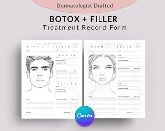 May include: A printable treatment record form for Botox and Dermal Filler treatments. The form includes sections for patient name, date, expiration date, area of treatment, amount used, and notes. The form also features illustrations of a man and a woman's face.