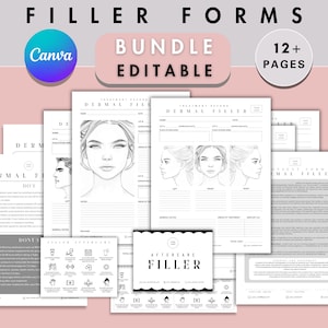May include: A bundle of editable dermal filler forms, including treatment records, consent forms, and aftercare instructions. The forms feature illustrations of facial anatomy and include the text "Filler Forms," "Bundle," and "Canva."