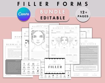 May include: A collection of editable dermal filler forms, including treatment records, consent forms, and aftercare instructions. The forms feature illustrations of facial anatomy and include the text "Filler Forms," "Bundle," and "Canva."