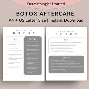 May include: A printable checklist with a gray background and white text, titled "BOTOX AFTERCARE" with the subheading "DOS & DON'TS BOTOX". The checklist is divided into two columns, "DOS" and "DON'TS", with a list of instructions for before and after Botox treatment.