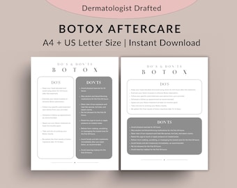 May include: A printable checklist with a gray background and white text, titled "BOTOX AFTERCARE" with the subheading "DOS & DON'TS BOTOX". The checklist is divided into two columns, "DOS" and "DON'TS", with a list of instructions for before and after Botox treatment.