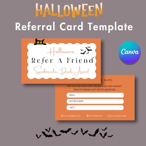 Cartão de recompensas de indicação de amigos de Halloween, programa de indicação de clientes para impressão, modelo de desconto de fidelidade editável Canva, marca para pequenas empresas