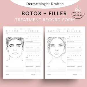Peut inclure: Formulaires d'enregistrement de traitement imprimables en noir et blanc pour les traitements au Botox et aux produits de comblement. Les formulaires comprennent des sections pour le nom du patient, la date, la zone de traitement, les unités et le coût total. Les formulaires présentent également des illustrations du visage d'un homme et d'une femme.