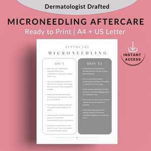 May include: A printable guide for microneedling aftercare with a gray background and white text. The guide is divided into two columns, one titled "Dos" and the other titled "Don'ts". The guide includes a list of things to do and not do after a microneedling treatment.