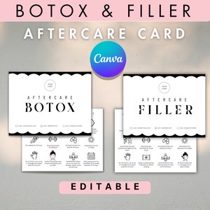 May include: Two black and white cards with rounded corners and a scalloped border. The top card says "BOTOX AFTERCARE" and the bottom card says "FILLER AFTERCARE". Each card has a list of instructions with icons.
