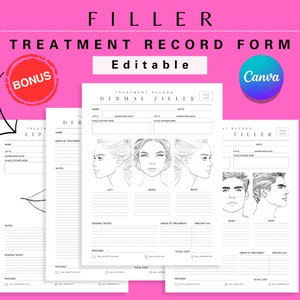 Formulaire modifiable d'enregistrement du traitement de comblement dermique, tableau de cartographie faciale des injecteurs-infirmières, schéma facial des produits cosmétiques injectables pour salons de beauté Medspa